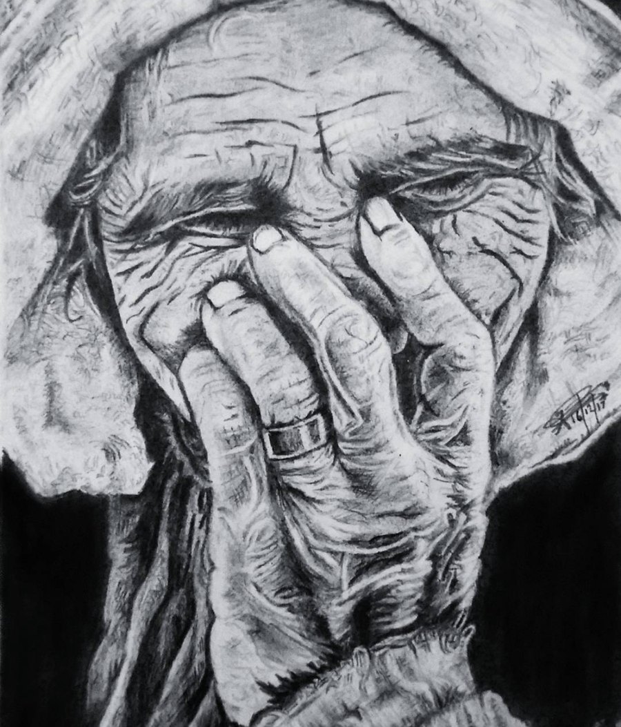 Charcoal drawing of an elderly person's hands covering their face
