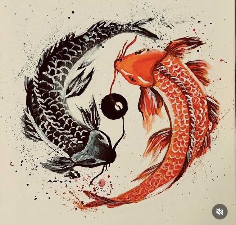 Ink and colour painting of two koi fish arranged in a circle
