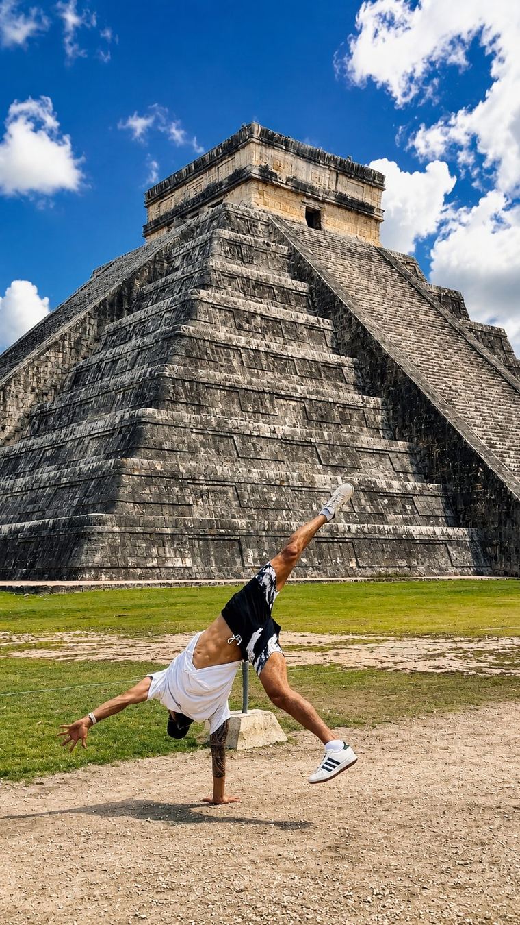 Handstand in front of the pyramid at Chichén Itzá, Mexico